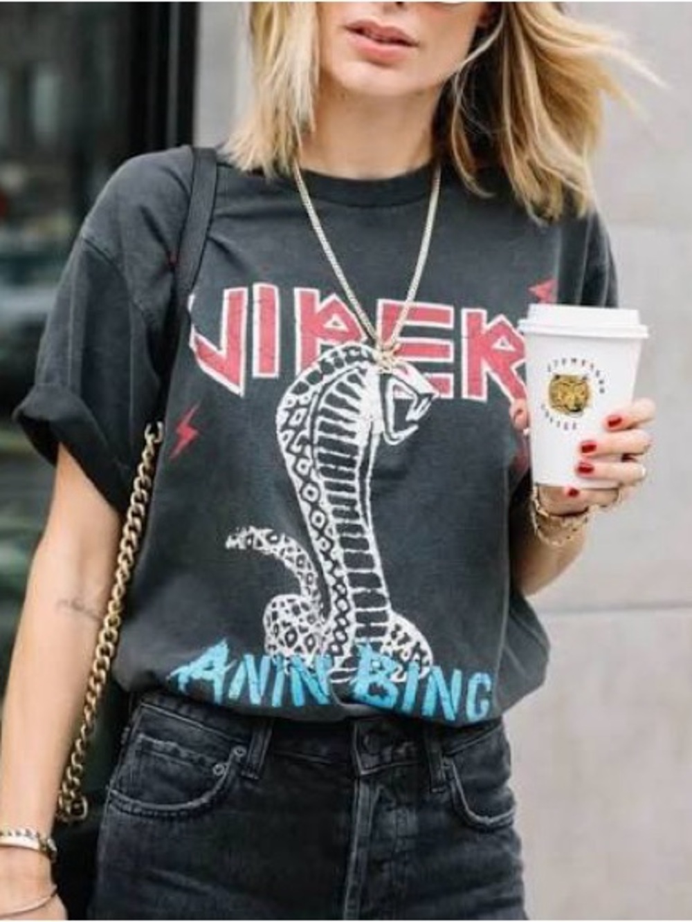 Anine Bing Black Graphic Tee with Red Print